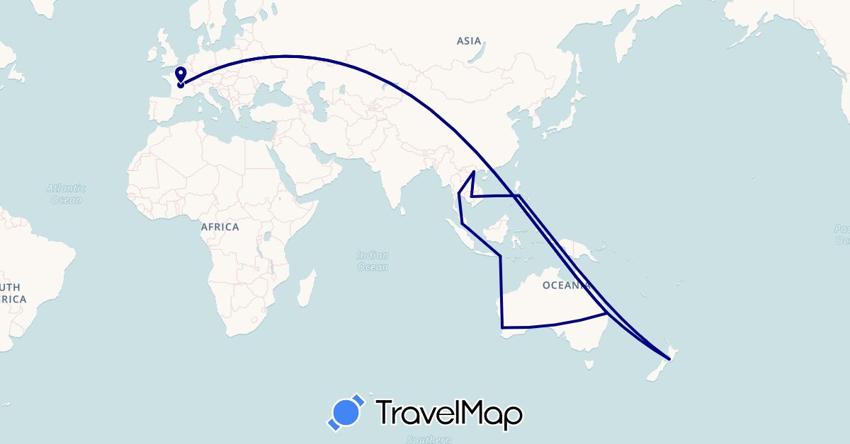 TravelMap itinerary: driving in Australia, France, Indonesia, Cambodia, Malaysia, New Zealand, Philippines, Singapore, Thailand, Vietnam (Asia, Europe, Oceania)